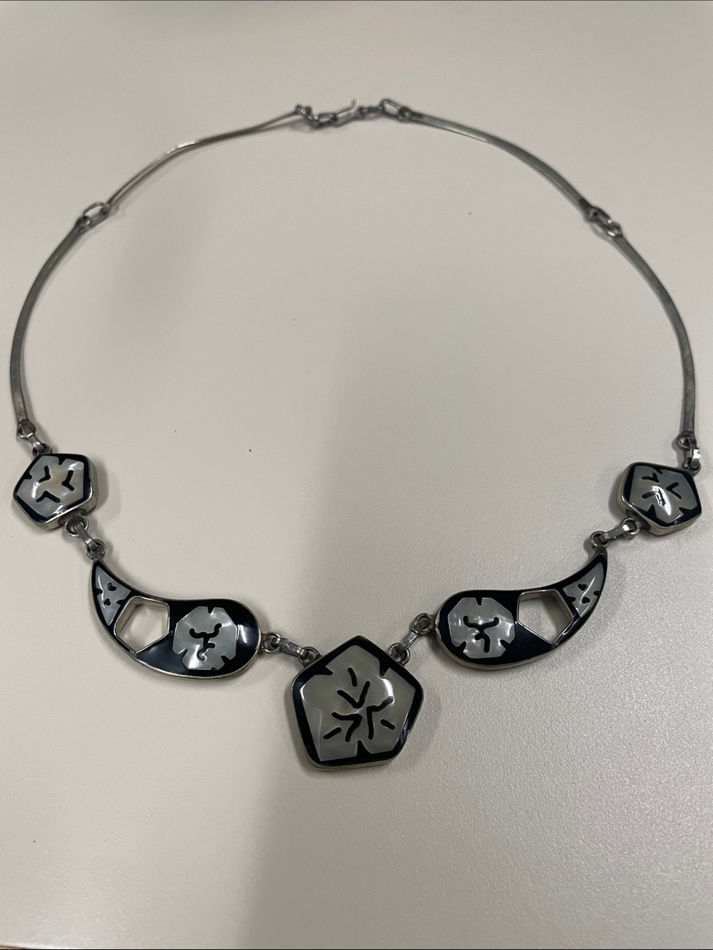 Vintage Silver Black enamel Inlay Floral Statement Necklace